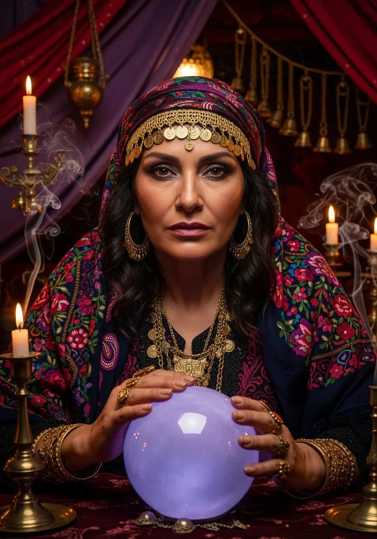 Mystica, seated at their table